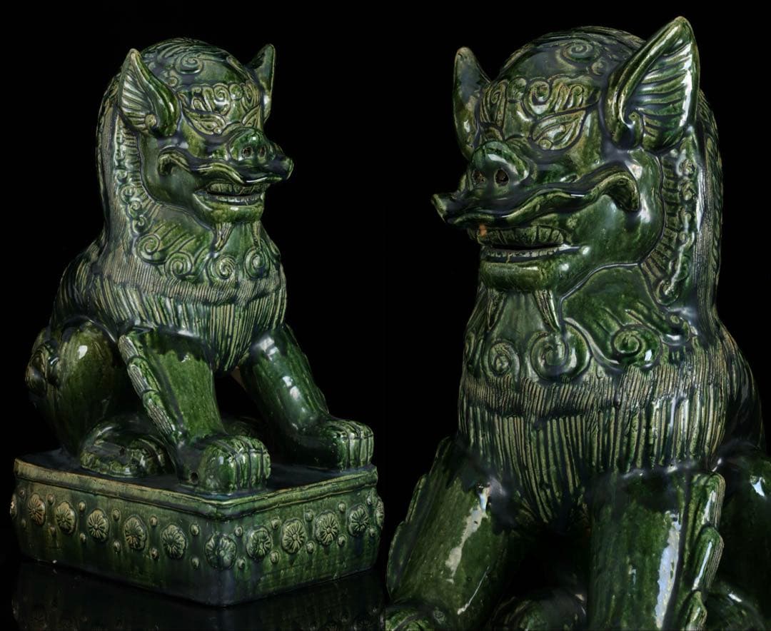 中国古玩 緑釉 獅子像 狛犬 フー犬 フードッグ 古陶磁器 大型62㎝ 古美術