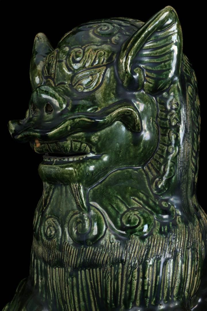 中国古玩 緑釉 獅子像 狛犬 フー犬 フードッグ 古陶磁器 大型62㎝ 古美術