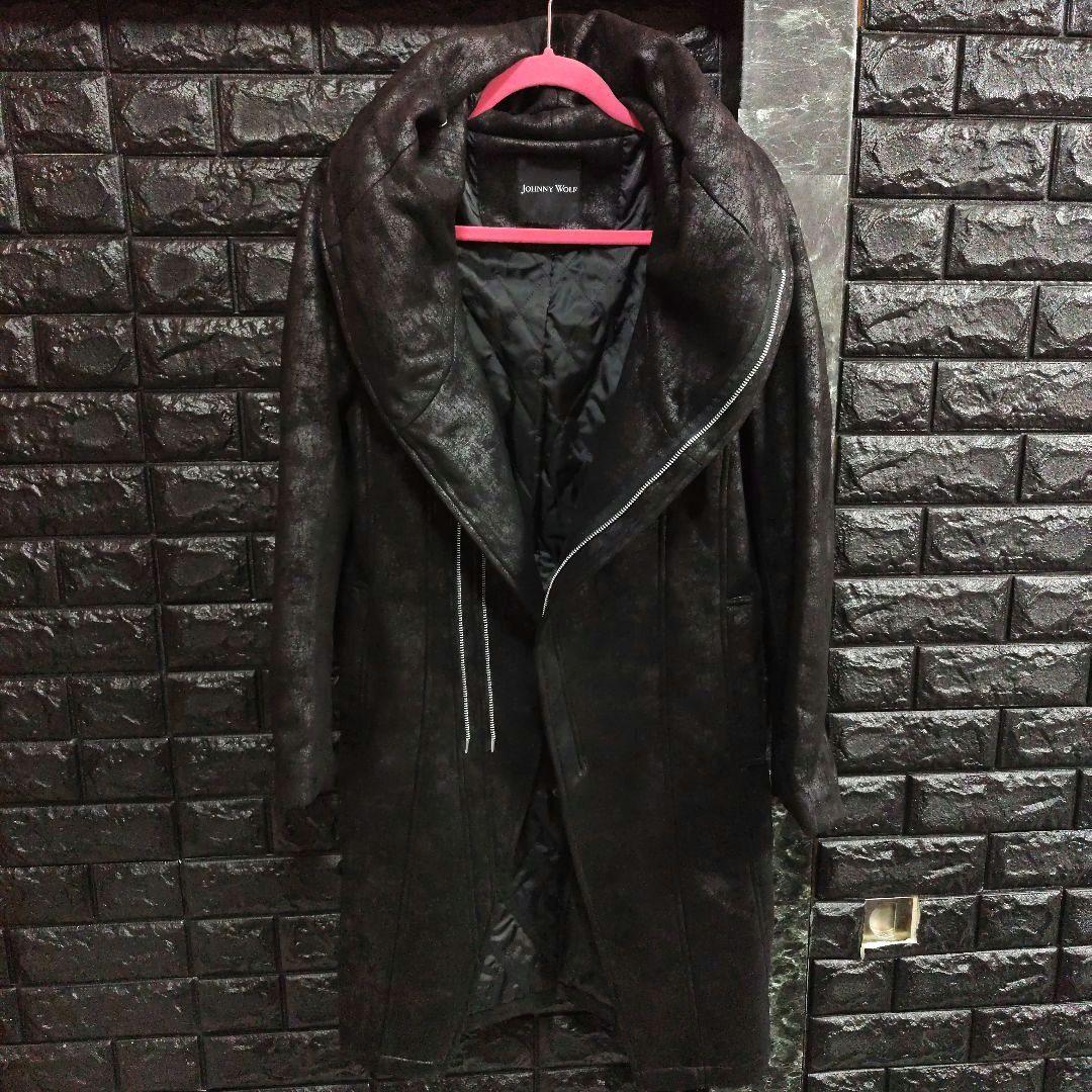 美品　JOHNNY WOLF　豹柄　BIGフーデッドロングライダースコート