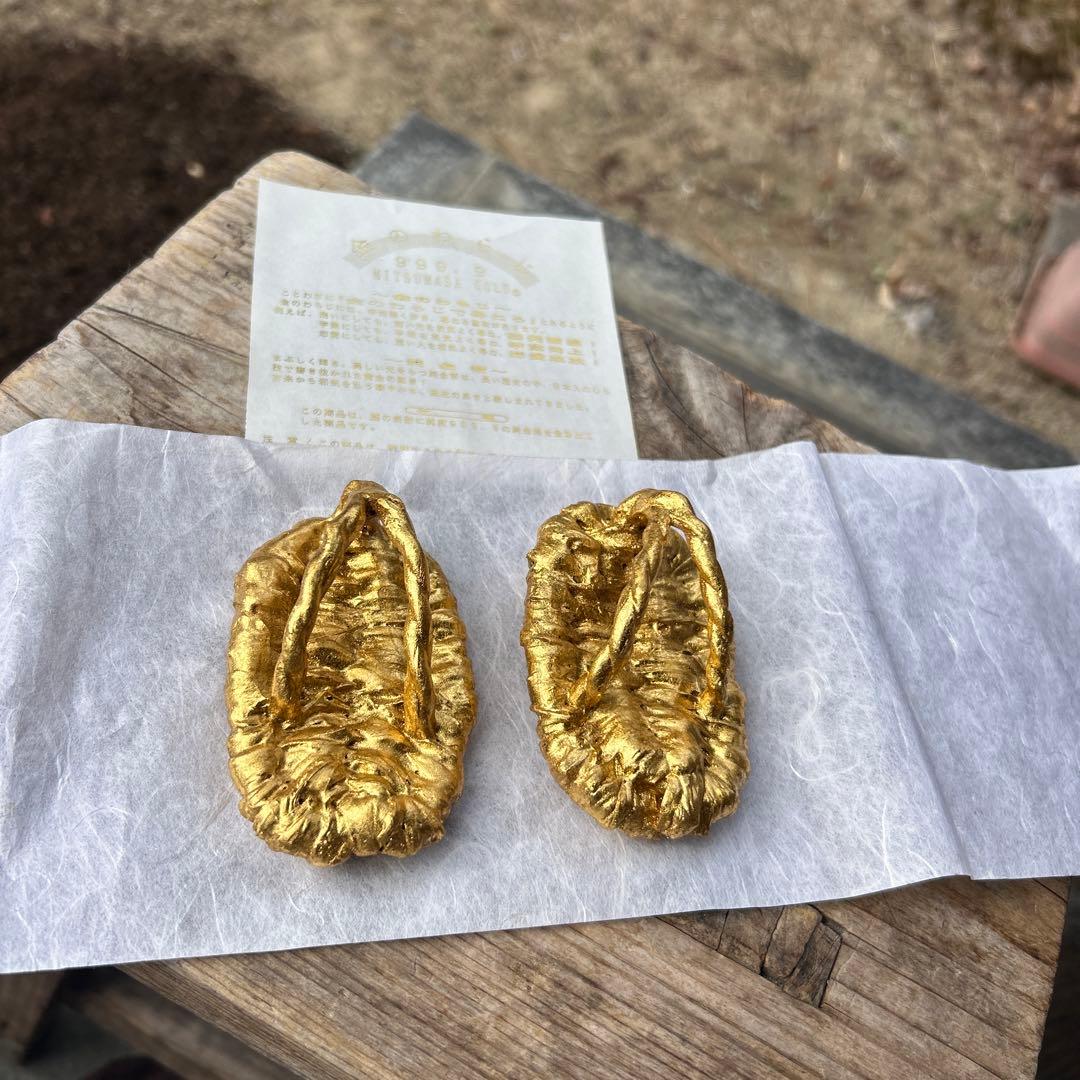 木箱入金のわらじ(純金箔)999.9 縁起物 純金 商売繁盛 学業向上 置物