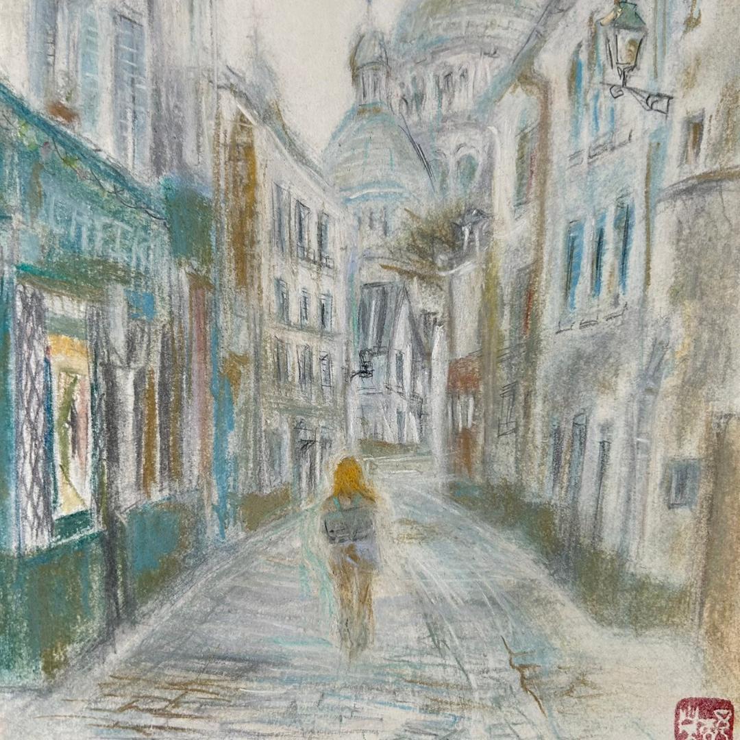 荒野予而栄「モンマルトルの朝」肉筆画 共シール有り 額縁入り 幻の画家 伊東深水