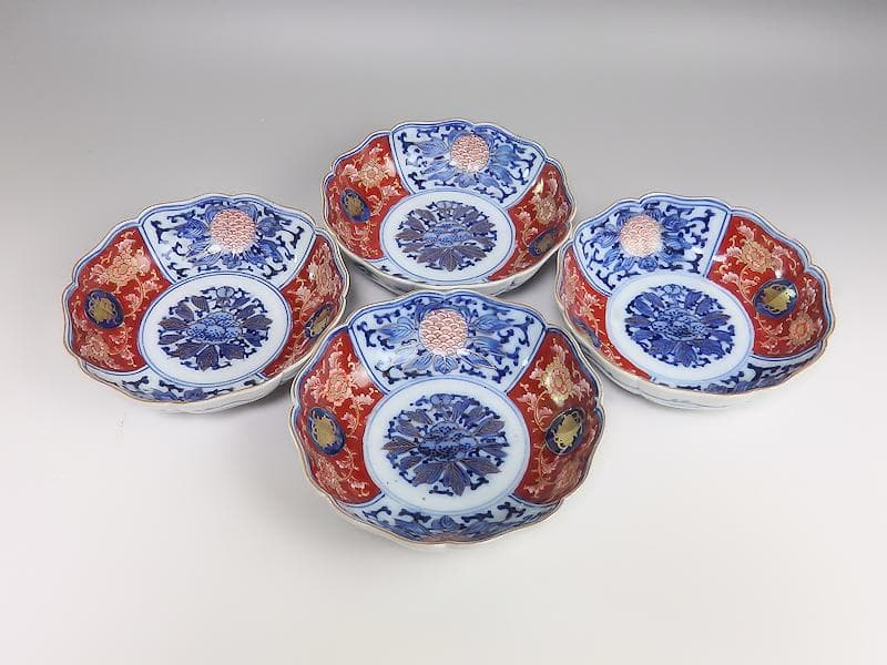 大聖寺伊万里 　染錦　牡丹に巻物の図　膾皿　４客　C135A- ALg