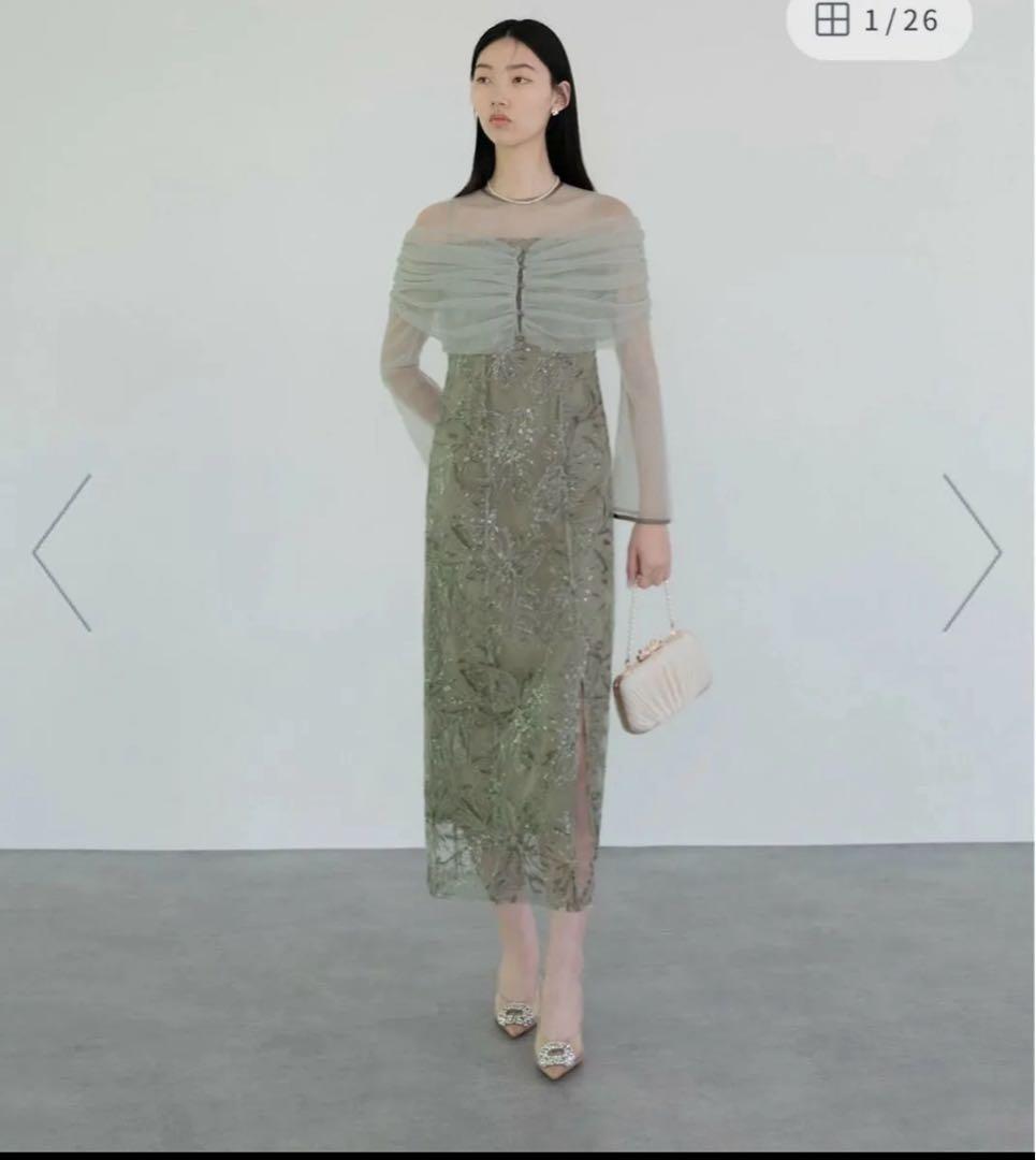 LEJA-チュールオフショルダー花柄Iラインワンピースドレス 結婚式 レディース