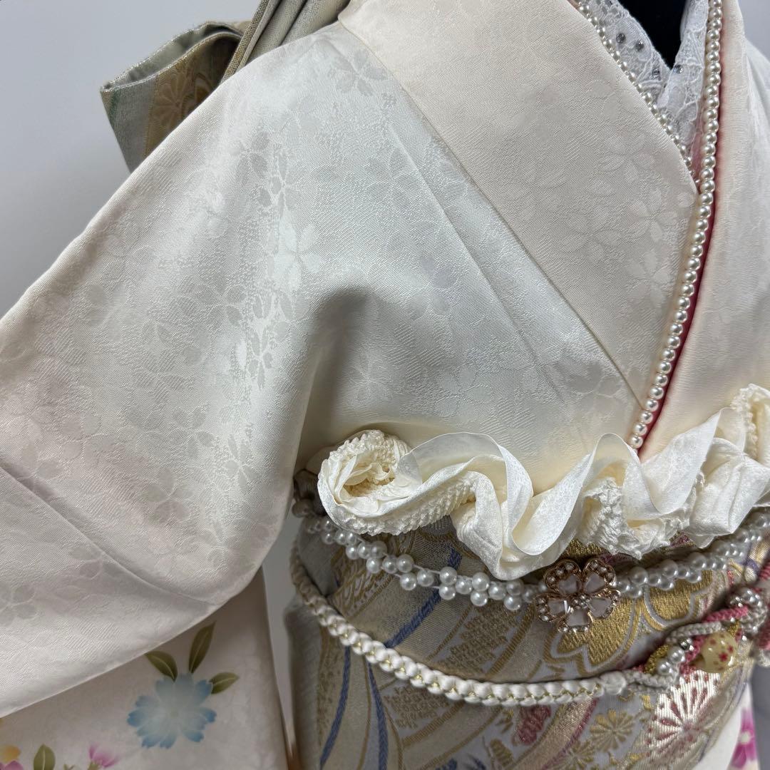 京都きもの友禅　豪華振袖8点フルセット　正絹 　成人式　お正月　パーティ　白地