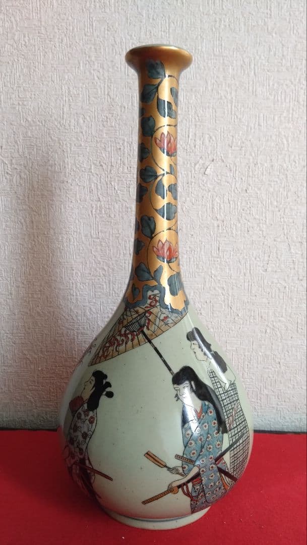 円左エ門　鶴首瓶　花瓶　有田焼　古伊万里　染錦