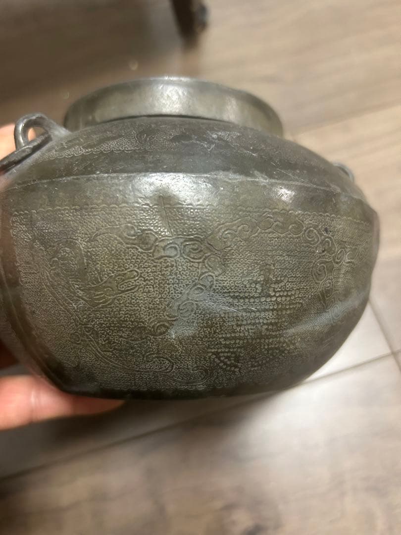 王東文造 古錫製 雲龍鳳凰文刻 三耳壷 茶入 中國古玩 唐物 時代物 骨董品