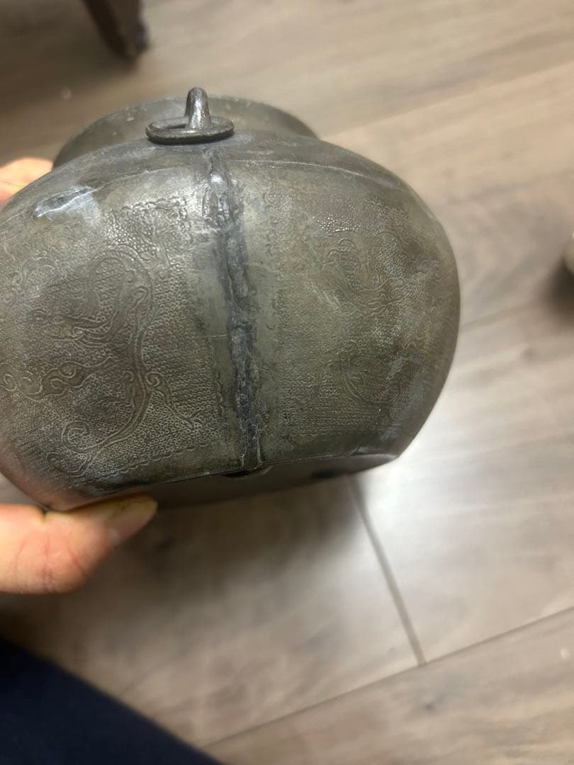 王東文造 古錫製 雲龍鳳凰文刻 三耳壷 茶入 中國古玩 唐物 時代物 骨董品