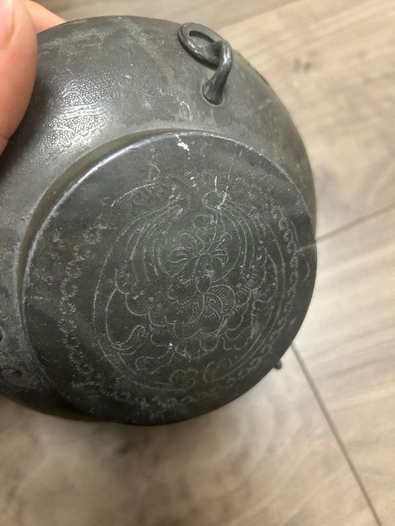 王東文造 古錫製 雲龍鳳凰文刻 三耳壷 茶入 中國古玩 唐物 時代物 骨董品