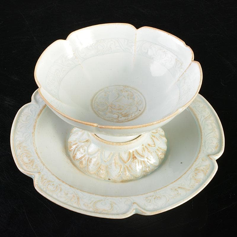 中国　影青　蓮弁刻　輪花盃　盃台　M　7291E