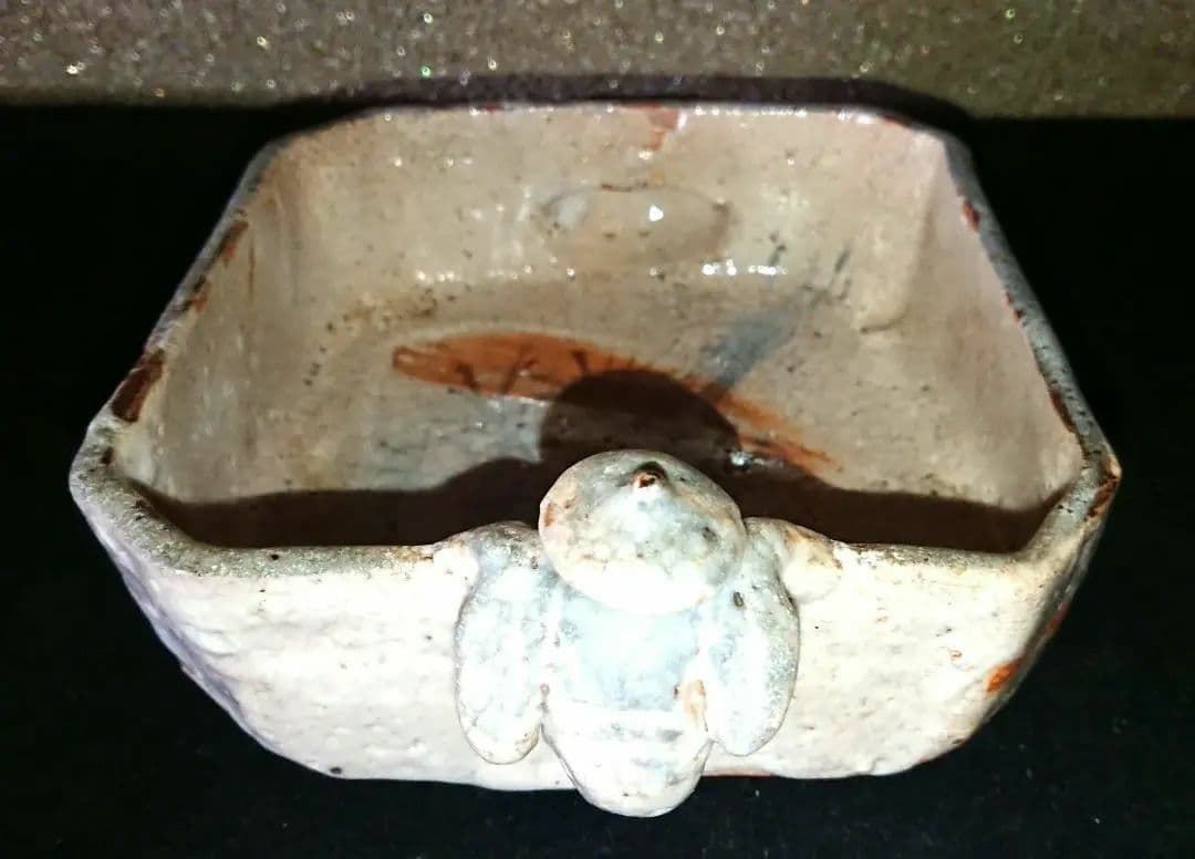 美品 志野焼(美濃焼)『絵志野 閑人取手 四方片口』骨董 アンティーク