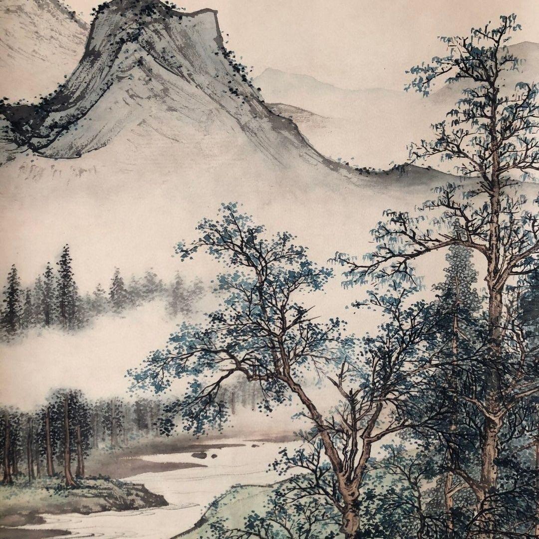中国画 掛け軸 陈少梅《小邨山景》 三尺 中堂 掛け軸／実物撮影 水墨画