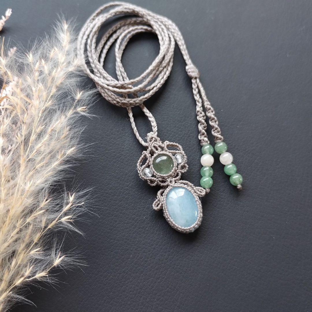 【特別価格】ストロベリークォーツ＆クンツァイトのマクラメ編みネックレス　天然石他