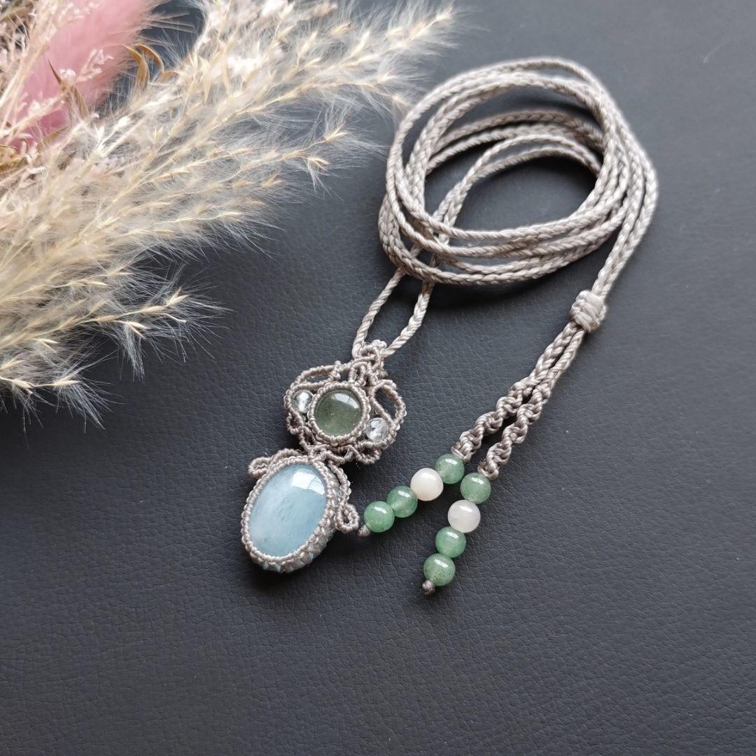 【特別価格】ストロベリークォーツ＆クンツァイトのマクラメ編みネックレス　天然石他