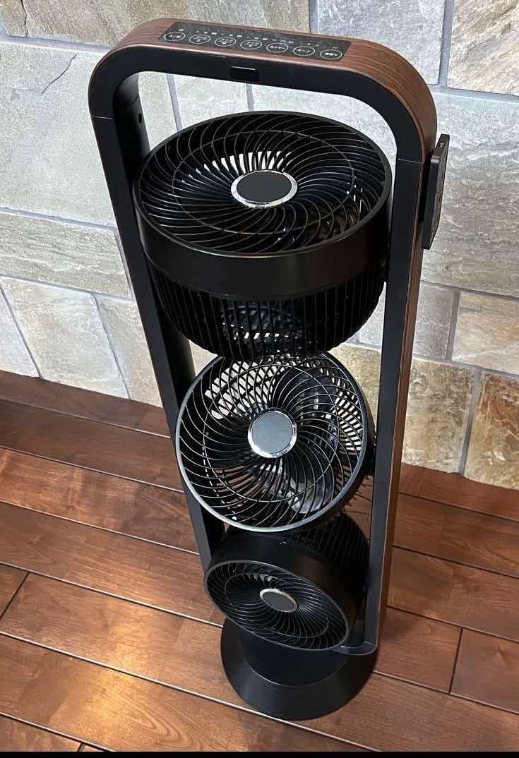 縦型 ブラックマルチファン3連タワーファン扇風機 サーキュレーター　木目調パネル