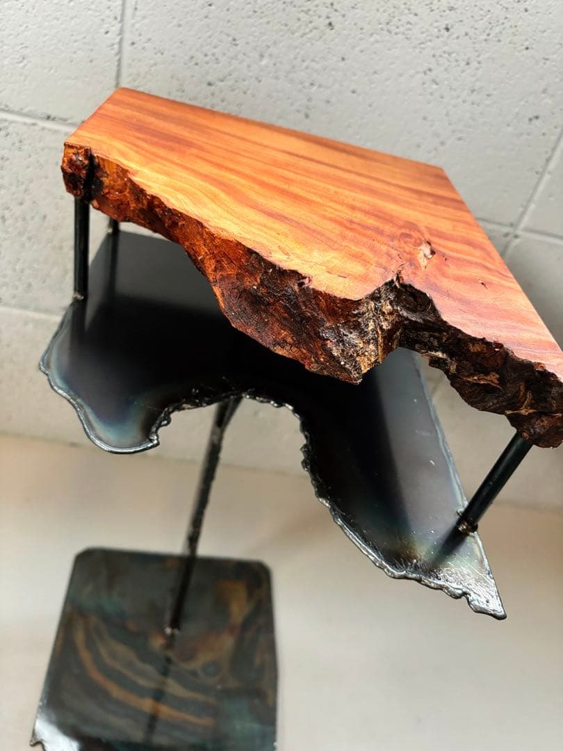 欅サイドテーブルアイアン家具観葉植物一輪挿し花台一枚板盆栽台