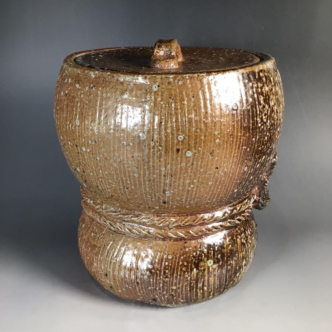 Ｎ４９３　水指　『信楽焼』『杉本忠(瑞峯)造』『胴締水指』　共箱　茶道具