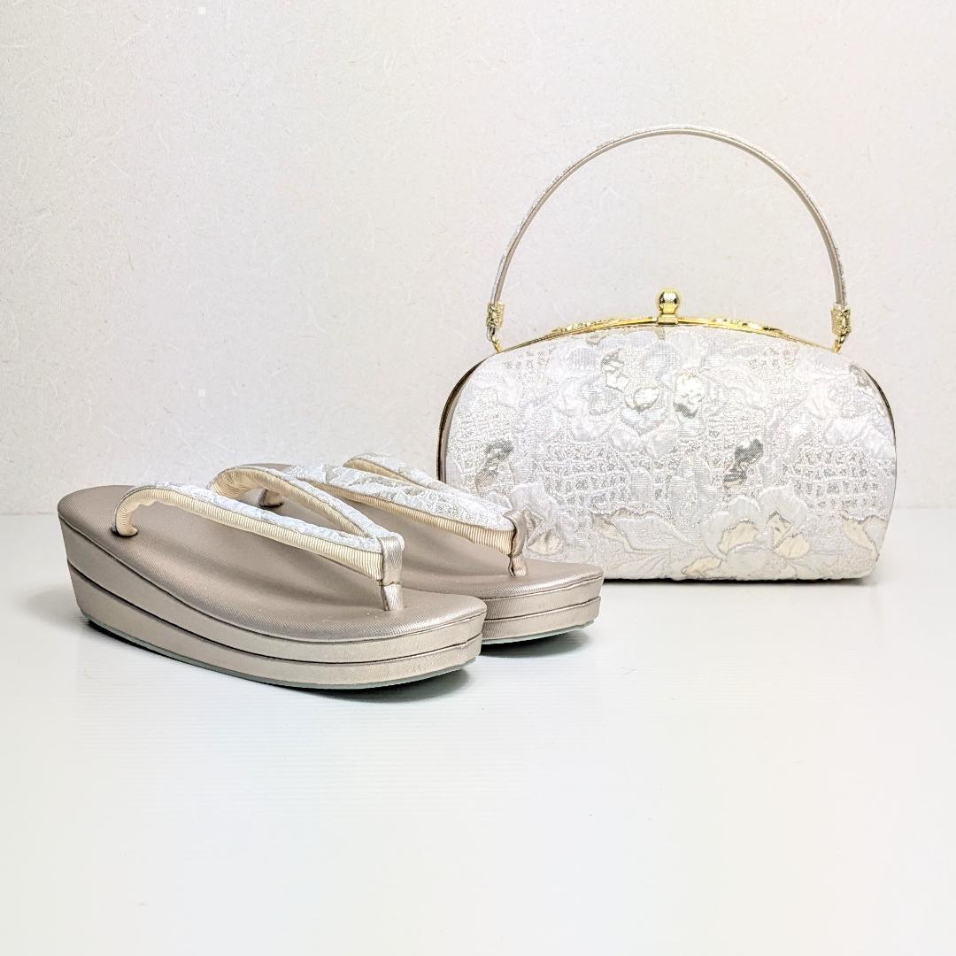 ララロロ様草履バッグセット 帯地 ふくれ織り 白 金 銀 フリーサイズ u102