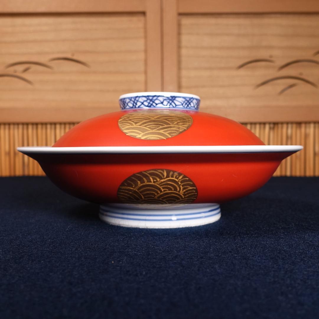 豪華絢爛 宝泉作 金襴手 青海波丸紋 平蓋碗 10客 有田焼