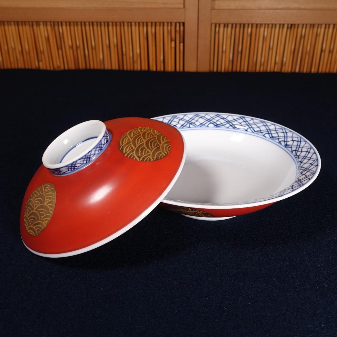 豪華絢爛 宝泉作 金襴手 青海波丸紋 平蓋碗 10客 有田焼