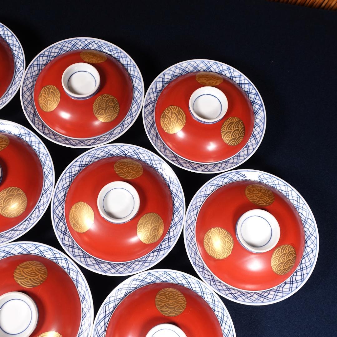 豪華絢爛 宝泉作 金襴手 青海波丸紋 平蓋碗 10客 有田焼