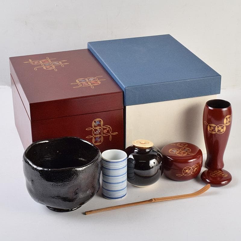 茶道具　うるみ塗　七宝蒔絵　利休茶箱　棗　黒楽茶碗など　七点　一式　MR9482