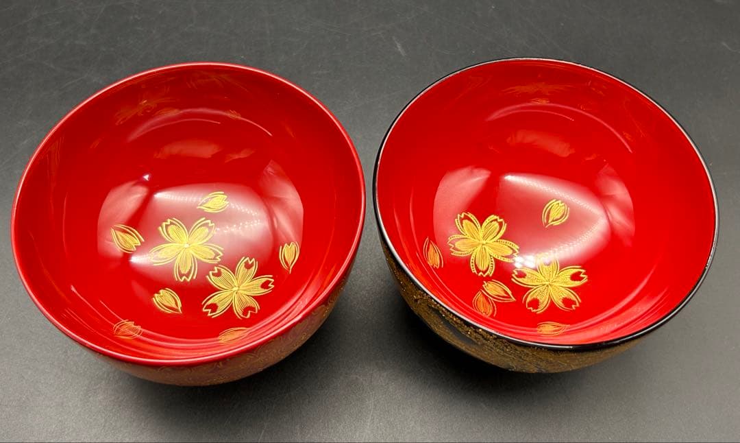 【希少品】沈金　川連漆器　お椀　大関 廣　雅号・廣道　桜　松　赤　黒　名入り