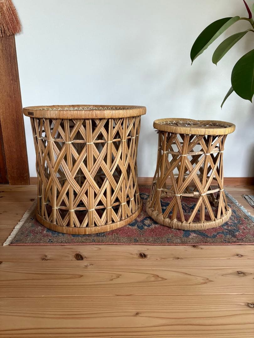 ヴィンテージ★レア！ラタン製スツールセット（大・小）
