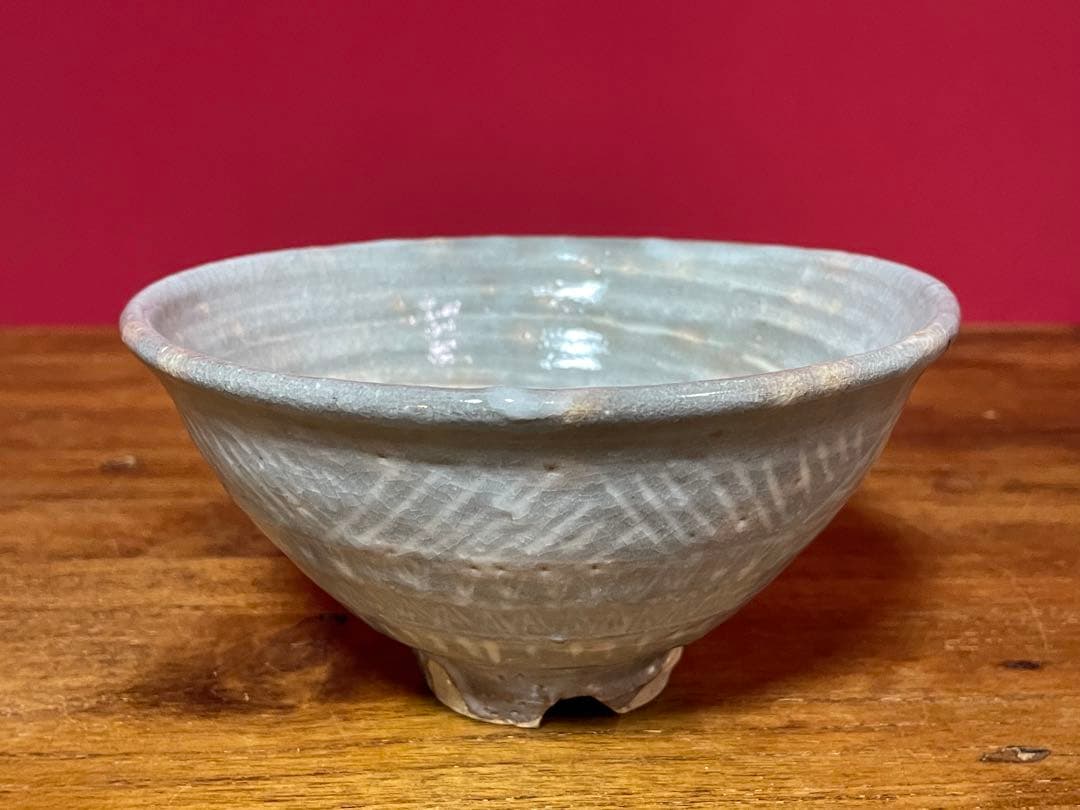 玉隆山 吉田萩苑 萩三島茶碗 裏千家十六代坐忘斎書付 共箱 美品