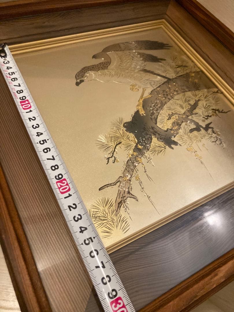 希少　堀口光彦 彫金額 松樹鷹図 金工作品 額装