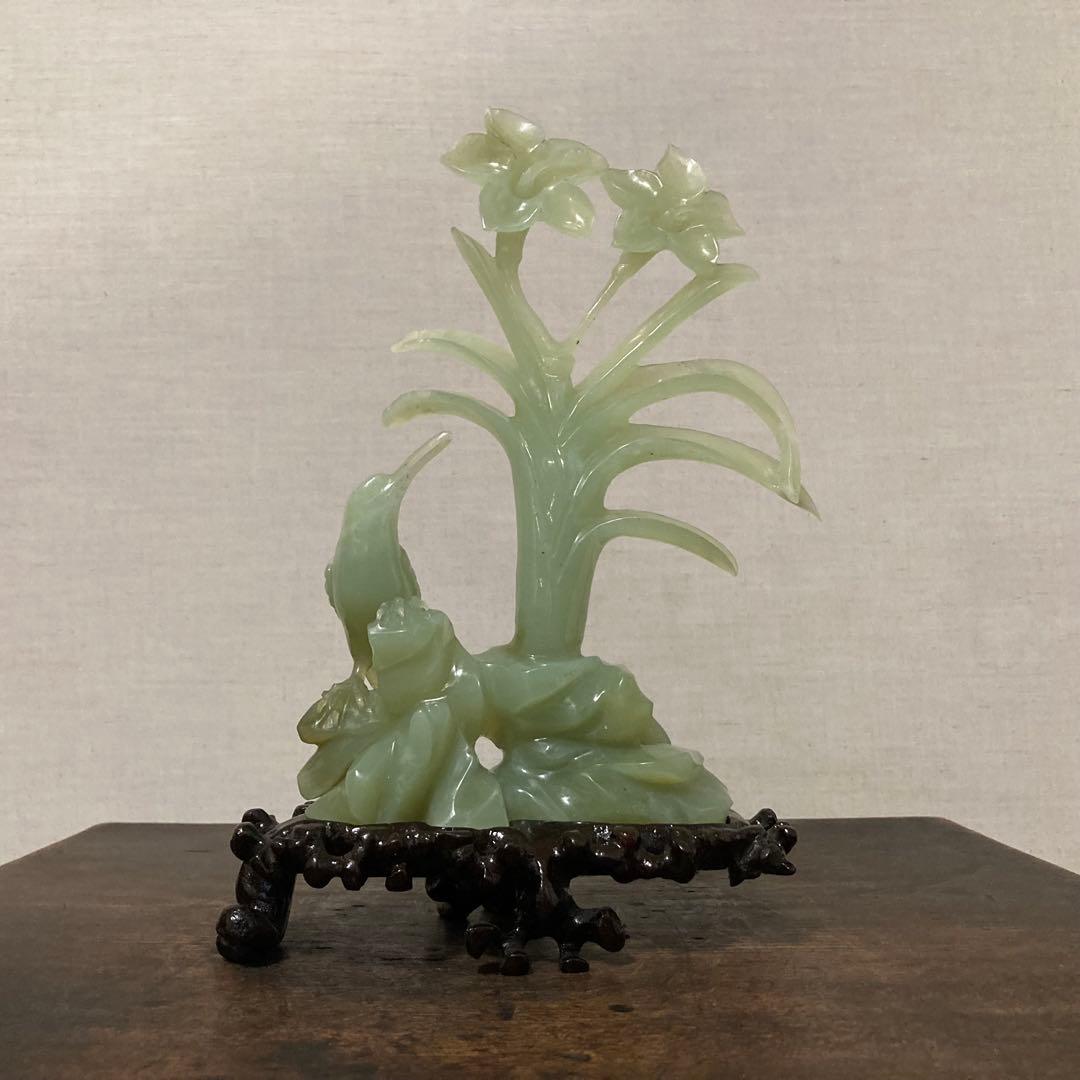 翡翠 置物 オブジェ 花 鳥 彫刻 工芸品 美術品 骨董 レトロ