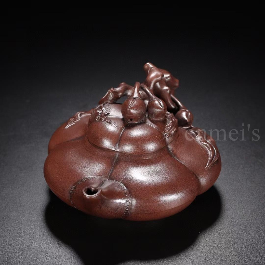 中国古美術・原鉱紫泥壽桃紫砂壺・底款：汪寅仙・紫砂壺・急須・茶壺・茶道具・置物