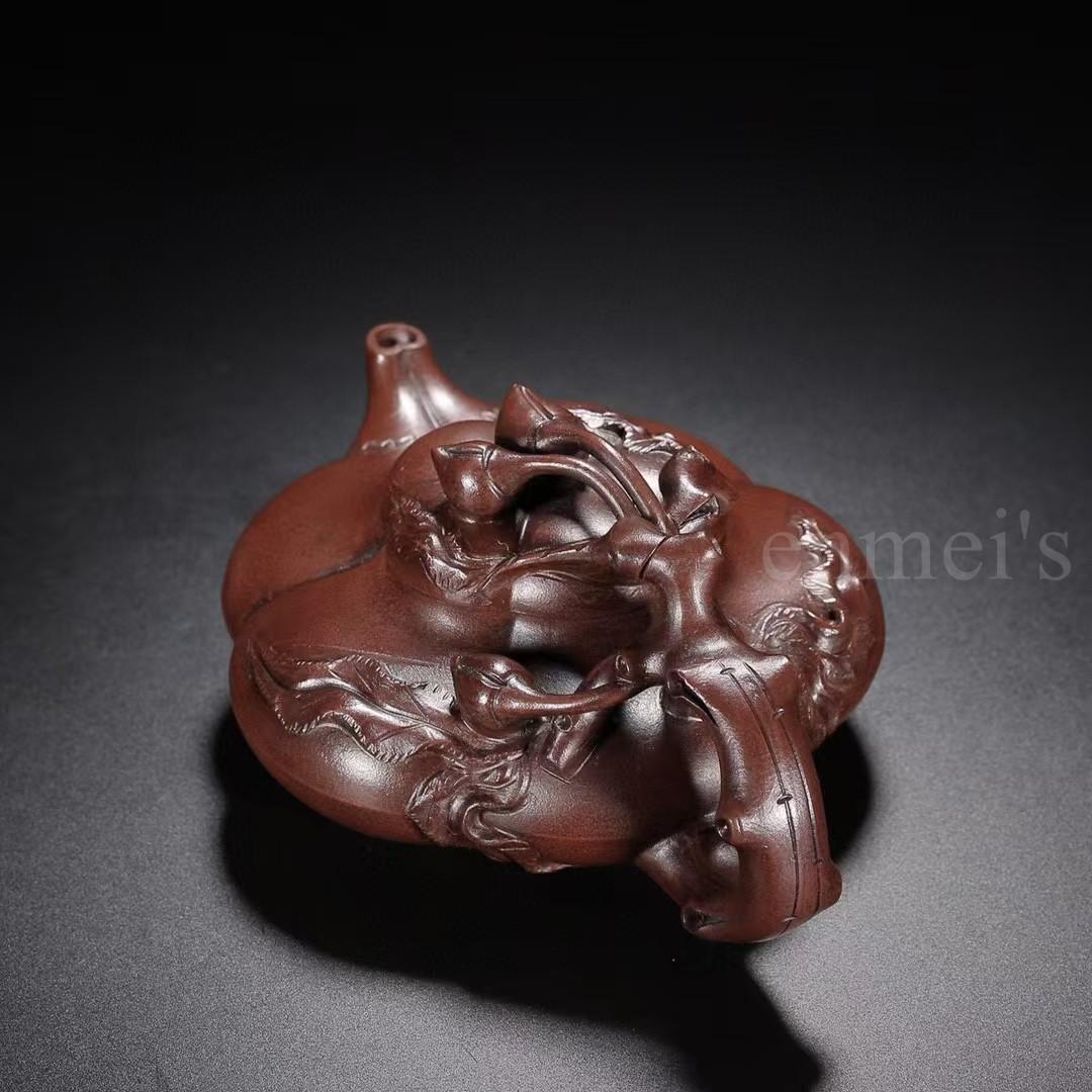 中国古美術・原鉱紫泥壽桃紫砂壺・底款：汪寅仙・紫砂壺・急須・茶壺・茶道具・置物