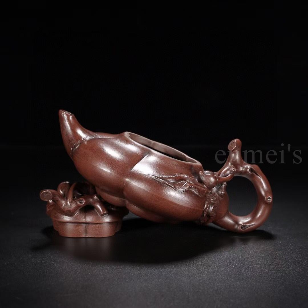 中国古美術・原鉱紫泥壽桃紫砂壺・底款：汪寅仙・紫砂壺・急須・茶壺・茶道具・置物