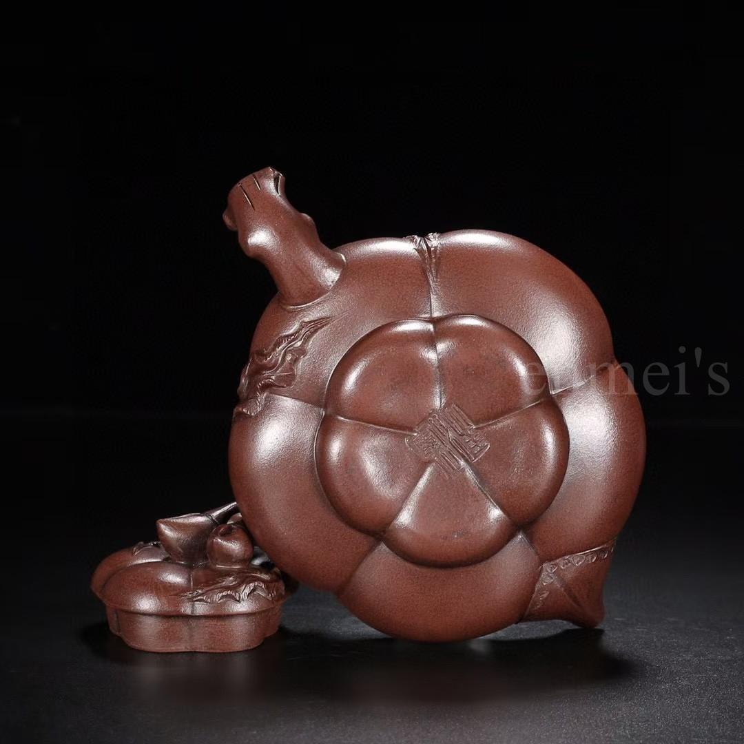 中国古美術・原鉱紫泥壽桃紫砂壺・底款：汪寅仙・紫砂壺・急須・茶壺・茶道具・置物