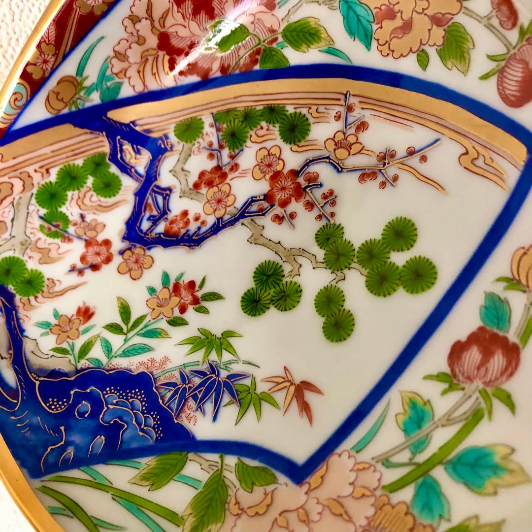【新品・未使用】波佐見焼 林九郎窯 金彩貝型盛皿 扇割松竹梅 古伊万里 染錦