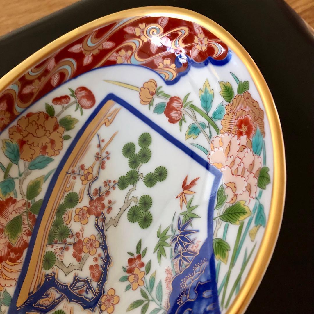 【新品・未使用】波佐見焼 林九郎窯 金彩貝型盛皿 扇割松竹梅 古伊万里 染錦