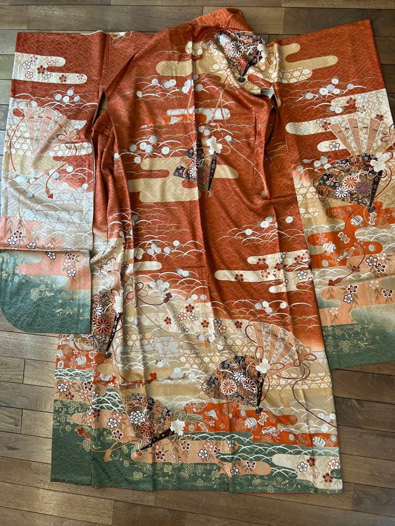 振袖 オレンジ 緑 花柄 帯、小物付き