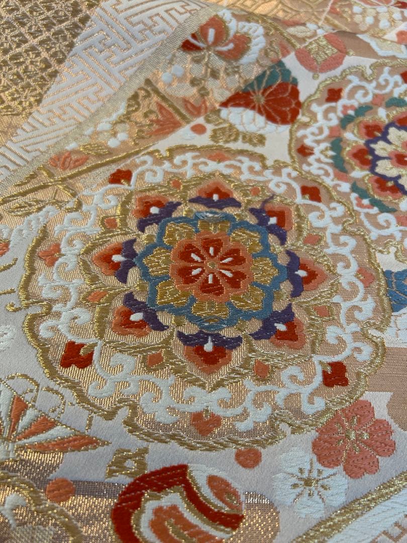 振袖 オレンジ 緑 花柄 帯、小物付き