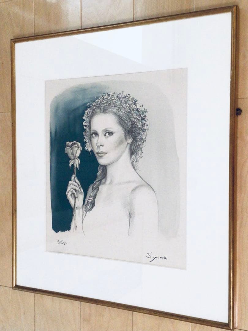 ◉真作保証◉洋画家 芝田米三◉バラを持つ少女◉70×62cm◉￼リトグラフ◉