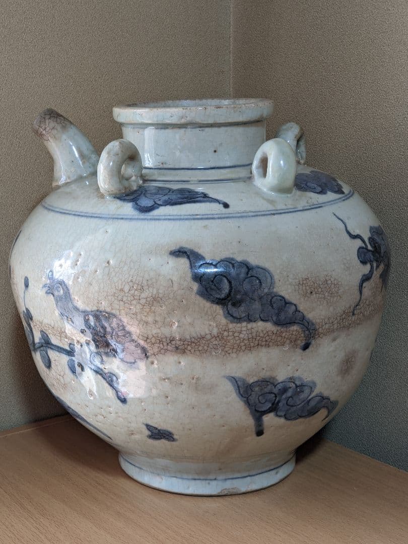 ⭐中国古陶磁 明時代末 染付 麒麟鳥紋様 四耳壺 古玩 古美術品 骨董品