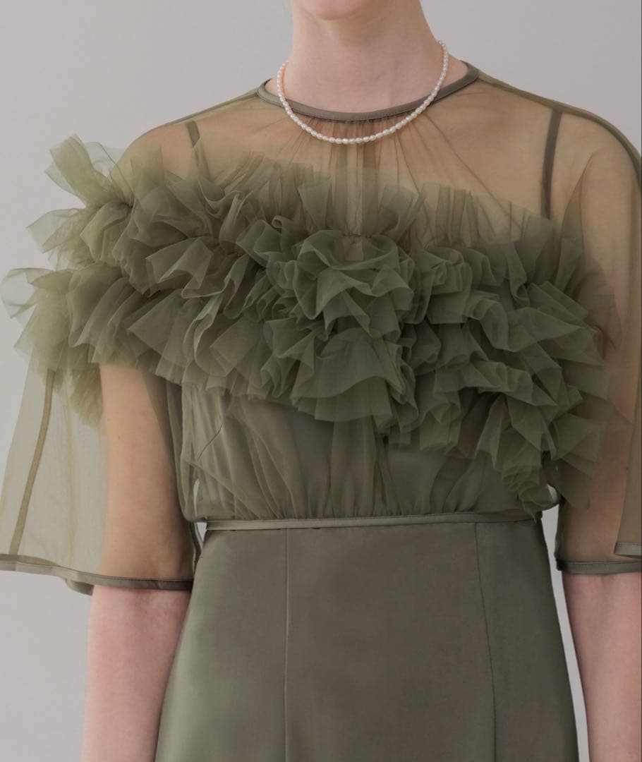 【LEJA】ボリュームチュールパイピングフレアドレス2点セット グリーン