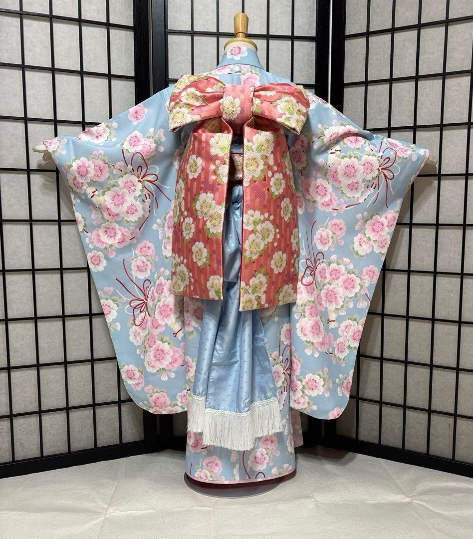 七五三　着物セット　7歳　水色　花柄　ポンポネット