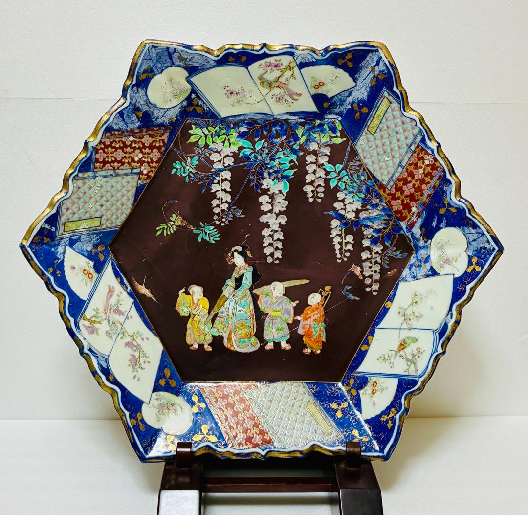 本日のみ 明治初期 香蘭社 色絵褐地藤絵人物文 ブラックホーソン六角大皿