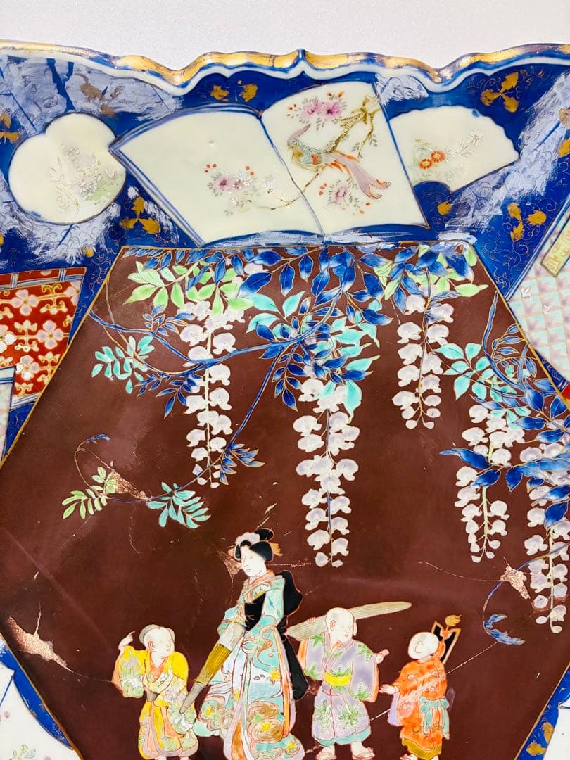 明治初期 香蘭社 色絵褐地藤絵人物文 ブラックホーソン六角大皿