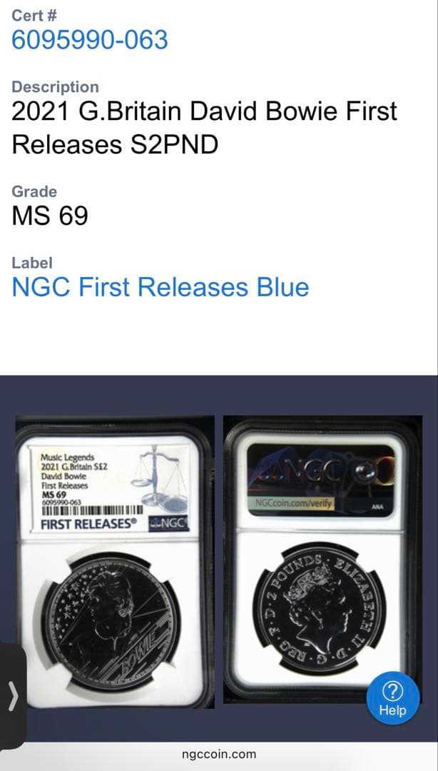 【NGC鑑定MS69】2021年 デヴィッド・ボウイ 2ポンド銀貨 初回発行版