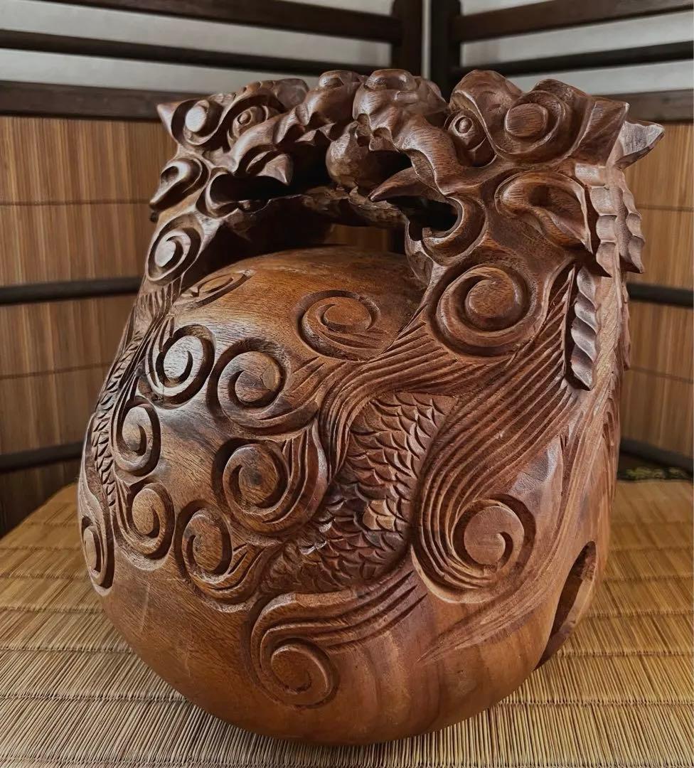 仏教美術 上級 細密 古木 龍彫り 玉鱗 職人手彫り 時代 木魚 本体
