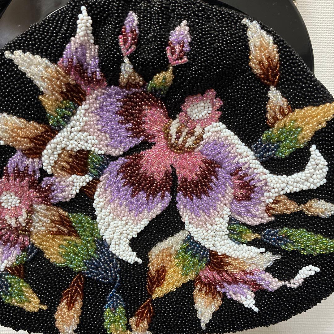 花柄　ビーズハンドバッグ　和装　着物　昭和レトロ　ビーズバッグ　がま口