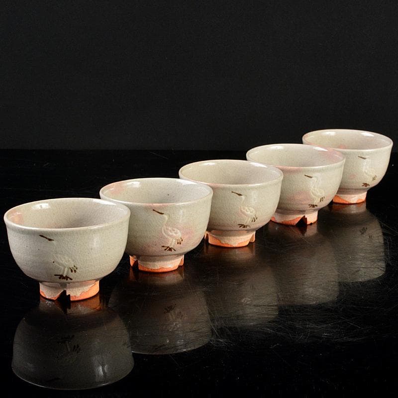 古曽部焼　高槻古曽部　寒川義崇造　立鷺　汲出茶碗　五客　共箱　M　R5724