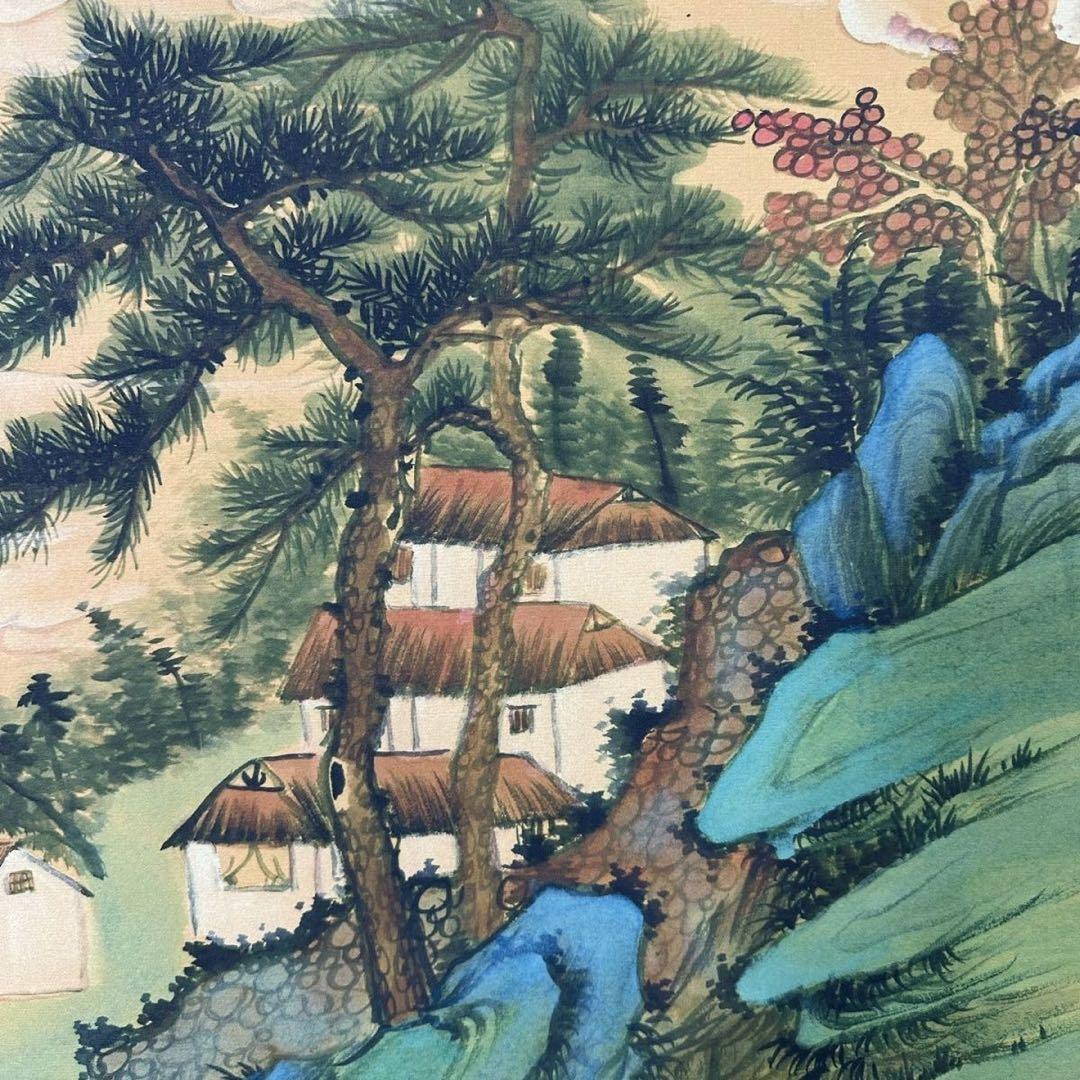 仇英《晴岚暖翠》 三尺中堂掛軸 収蔵証書付き 防偽標識あり 掛軸70×173cm