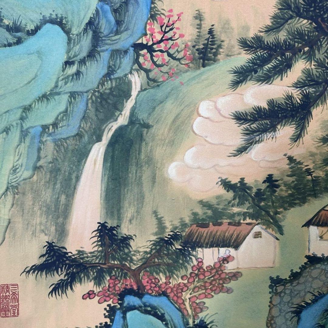 仇英《晴岚暖翠》 三尺中堂掛軸 収蔵証書付き 防偽標識あり 掛軸70×173cm